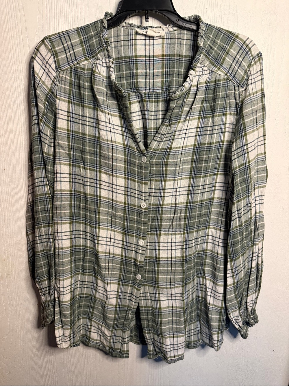 beachlunchlounge Olive and White Plaid Button-Front Blouse